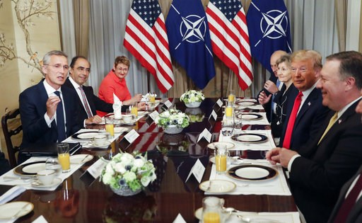 (AP Photo/Pablo Martinez Monsivais). U.S. President Donald Trump, second right, listens to NATO Secretary General Jens Stoltenberg, left, during their bilateral breakfast, Wednesday July 11, 2018 in Brussels, Belgium. (AP Photo/Pablo Martinez Monsivais). U.S. President Donald Trump, second right, listens to NATO Secretary General Jens Stoltenberg, left, during their bilateral breakfast, Wednesday July 11, 2018 in Brussels, Belgium.