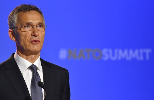 (AP Photo/Geert Vanden Wijngaert). NATO Secretary-General Jens Stoltenberg speaks at a press conference during a summit of heads of state and government at NATO headquarters in Brussels, Belgium, Thursday, July 12, 2018. NATO leaders gather in Brussels... (AP Photo/Geert Vanden Wijngaert). NATO Secretary-General Jens Stoltenberg speaks at a press conference during a summit of heads of state and government at NATO headquarters in Brussels, Belgium, Thursday, July 12, 2018. NATO leaders gather in Brussels...