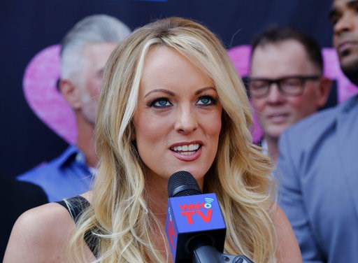 (AP Photo/Ringo H.W. Chiu, File). FILE - In this May 23, 2018 file photo, porn actress Stormy Daniels speaks during a ceremony for her receiving a City Proclamation and Key to the City in West Hollywood, Calif. Daniels was arrested at an Ohio strip cl...