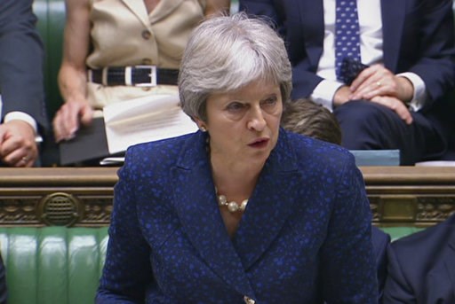 (Parliamentary Recording Unit via AP). In this image from TV, Britain's Prime Minister Theresa May gives statement in the parliament Monday July 9, 2018. British Foreign Secretary Boris Johnson resigned Monday, adding to divisions over Brexit that thre... (Parliamentary Recording Unit via AP). In this image from TV, Britain's Prime Minister Theresa May gives statement in the parliament Monday July 9, 2018. British Foreign Secretary Boris Johnson resigned Monday, adding to divisions over Brexit that thre...