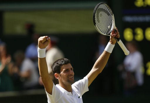 (AP Photo/Tim Ireland). Novak Djokovic of Serbia celebrates defeating Kei Nishikori of Japan during their men's quarterfinal match at the Wimbledon Tennis Championships in London, Wednesday July 11, 2018. (AP Photo/Tim Ireland). Novak Djokovic of Serbia celebrates defeating Kei Nishikori of Japan during their men's quarterfinal match at the Wimbledon Tennis Championships in London, Wednesday July 11, 2018.
