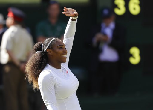 (AP Photo/Kirsty Wigglesworth). Serena Williams of the United States celebrates winning her women's singles quarterfinals match against Italy's Camila Giorgi, at the Wimbledon Tennis Championships, in London, Tuesday July 10, 2018. (AP Photo/Kirsty Wigglesworth). Serena Williams of the United States celebrates winning her women's singles quarterfinals match against Italy's Camila Giorgi, at the Wimbledon Tennis Championships, in London, Tuesday July 10, 2018.