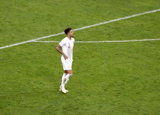 (AP Photo/Darko Bandic). England's Kyle Walker reacts after Croatia's Mario Mandzukic scoring his side's second goal during the semifinal match between Croatia and England at the 2018 soccer World Cup in the Luzhniki Stadium in Moscow, Russia, Wednesda... (AP Photo/Darko Bandic). England's Kyle Walker reacts after Croatia's Mario Mandzukic scoring his side's second goal during the semifinal match between Croatia and England at the 2018 soccer World Cup in the Luzhniki Stadium in Moscow, Russia, Wednesda...