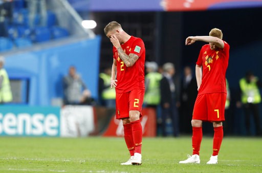 (AP Photo/David Vincent). Belgium's Toby Alderweireld, left, and Belgium's Kevin De Bruyne stand on the pitch at the end of the semifinal match between France and Belgium at the 2018 soccer World Cup in the St. Petersburg Stadium, in St. Petersburg, Ru... (AP Photo/David Vincent). Belgium's Toby Alderweireld, left, and Belgium's Kevin De Bruyne stand on the pitch at the end of the semifinal match between France and Belgium at the 2018 soccer World Cup in the St. Petersburg Stadium, in St. Petersburg, Ru...