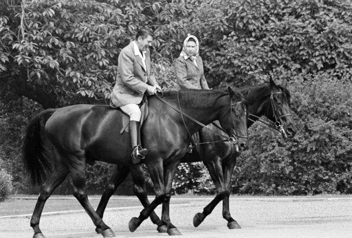 (AP Photo/Bob Daugherty, File). FILE - In this June 8, 1982 file photo, U.S. President Ronald Reagan, on Centennial, and Britain's Queen Elizabeth II, on Burmese, go horseback riding in the grounds of Windsor Castle, England. US President Trump enjoys ... (AP Photo/Bob Daugherty, File). FILE - In this June 8, 1982 file photo, U.S. President Ronald Reagan, on Centennial, and Britain's Queen Elizabeth II, on Burmese, go horseback riding in the grounds of Windsor Castle, England. US President Trump enjoys ...