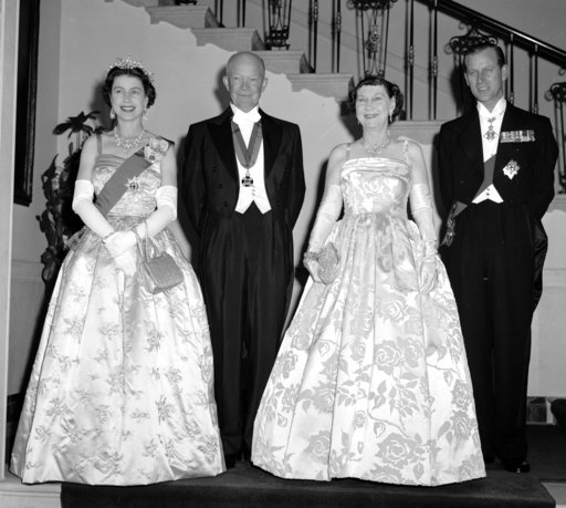 (AP Photo, File). FILE - In this file photo dated Oct. 17, 1957, President Dwight Eisenhower, second left and first lady Mamie, second right are flanked by their royal guests, Britain's Queen Elizabeth II and her husband, Prince Philip, at the White Ho... (AP Photo, File). FILE - In this file photo dated Oct. 17, 1957, President Dwight Eisenhower, second left and first lady Mamie, second right are flanked by their royal guests, Britain's Queen Elizabeth II and her husband, Prince Philip, at the White Ho...