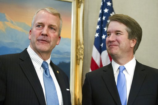 (AP Photo/Cliff Owen). Supreme Court nominee Brett Kavanaugh, right, stands with Sen. Dan Sullivan, R-Alaska, before the start of their meeting, Thursday, July 12, 2018, on Capitol Hill in Washington. (AP Photo/Cliff Owen). Supreme Court nominee Brett Kavanaugh, right, stands with Sen. Dan Sullivan, R-Alaska, before the start of their meeting, Thursday, July 12, 2018, on Capitol Hill in Washington.