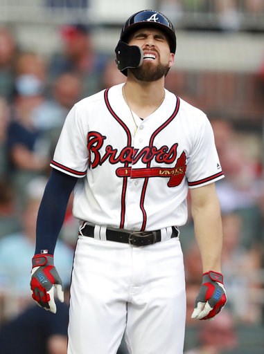 (Curtis Compton//Atlanta Journal-Constitution via AP). Atlanta Braves' Ender Inciarte reacts to getting hit by a pitch from Toronto Blue Jays' Sam Gaviglio during the first inning of a baseball game Wednesday, July 11, 2018, in Atlanta. (Curtis Compton//Atlanta Journal-Constitution via AP). Atlanta Braves' Ender Inciarte reacts to getting hit by a pitch from Toronto Blue Jays' Sam Gaviglio during the first inning of a baseball game Wednesday, July 11, 2018, in Atlanta.