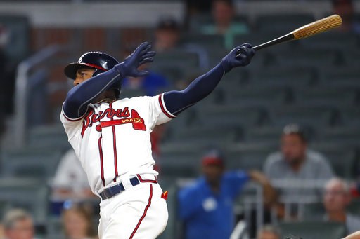 (AP Photo/Todd Kirkland). Atlanta Braves' Ozzie Albies watches his two-run home run in the eighth inning of a baseball game against the Toronto Blue Jays, Wednesday, July 11, 2018, in Atlanta. (AP Photo/Todd Kirkland). Atlanta Braves' Ozzie Albies watches his two-run home run in the eighth inning of a baseball game against the Toronto Blue Jays, Wednesday, July 11, 2018, in Atlanta.