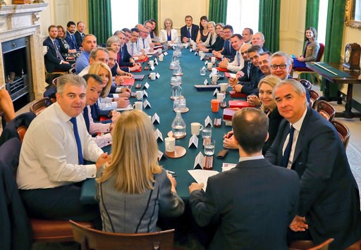 (Downing Street via AP). This is a handout photo provided by Downing Street showing a Cabinet meeting, in London, Tuesday, July 10, 2018. British Prime Minister Theresa May has met with her Cabinet as she tries to restore government unity after the re... (Downing Street via AP). This is a handout photo provided by Downing Street showing a Cabinet meeting, in London, Tuesday, July 10, 2018. British Prime Minister Theresa May has met with her Cabinet as she tries to restore government unity after the re...