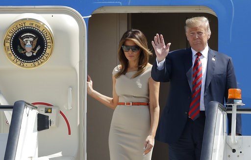 (AP Photo/Matt Dunham). U.S. President Donald Trump and First Lady Melania Trump disembark from Air Force One as they arrive at London Stansted Airport in Stansted, England, Thursday, July 12, 2018. Trump is making his first trip to Britain as presiden... (AP Photo/Matt Dunham). U.S. President Donald Trump and First Lady Melania Trump disembark from Air Force One as they arrive at London Stansted Airport in Stansted, England, Thursday, July 12, 2018. Trump is making his first trip to Britain as presiden...