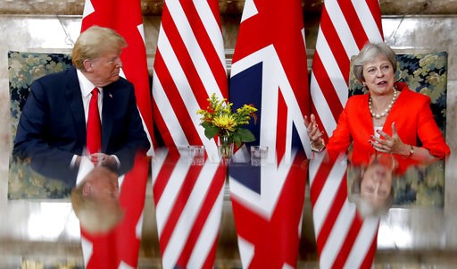 (AP Photo/Pablo Martinez Monsivais). U.S. President Donald Trump, left, with British Prime Minister Theresa May, right, during their meeting at Chequers, in Buckinghamshire, England, Friday, July 13, 2018. (AP Photo/Pablo Martinez Monsivais). U.S. President Donald Trump, left, with British Prime Minister Theresa May, right, during their meeting at Chequers, in Buckinghamshire, England, Friday, July 13, 2018.
