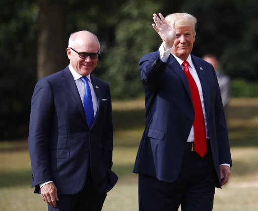 (AP Photo/Pablo Martinez Monsivais). U.S. President Donald Trump leaves Winfield House, residence of the US Ambassador Woody Johnson, left, before boarding Marine One helicopter for the flight to Chequers, in Buckinghamshire, Friday, July 13, 2018 in L... (AP Photo/Pablo Martinez Monsivais). U.S. President Donald Trump leaves Winfield House, residence of the US Ambassador Woody Johnson, left, before boarding Marine One helicopter for the flight to Chequers, in Buckinghamshire, Friday, July 13, 2018 in L...