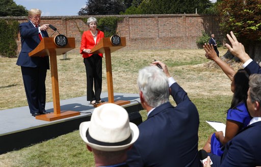 (AP Photo/Pablo Martinez Monsivais). U.S. President Donald Trump with British Prime Minister Theresa May during their joint news conference at Chequers, in Buckinghamshire, England, Friday, July 13, 2018. (AP Photo/Pablo Martinez Monsivais). U.S. President Donald Trump with British Prime Minister Theresa May during their joint news conference at Chequers, in Buckinghamshire, England, Friday, July 13, 2018.