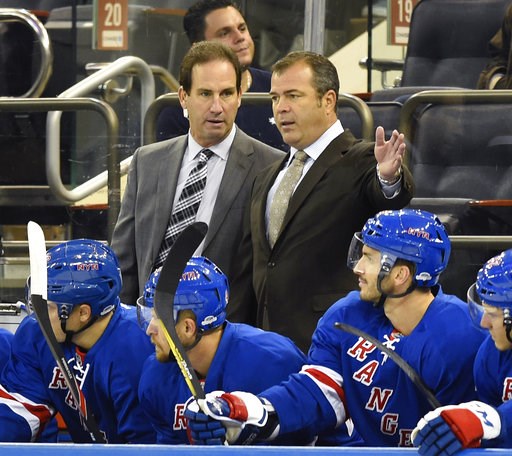 (AP Photo/Kathy Kmonicek, File). FILE - In this Sept. 19, 2016, file photo, New York Rangers associate coach Scott Arniel, left, and head coach Alain Vigneault talks in the first period of a preseason NHL hockey game in New York. The Washington Capital... (AP Photo/Kathy Kmonicek, File). FILE - In this Sept. 19, 2016, file photo, New York Rangers associate coach Scott Arniel, left, and head coach Alain Vigneault talks in the first period of a preseason NHL hockey game in New York. The Washington Capital...