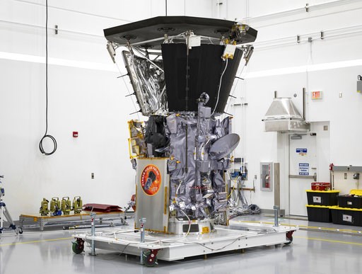 (Ed Whitman/Johns Hopkins APL/NASA via AP). This July 6, 2018 photo made available by NASA shows the Parker Solar Probe in a clean room at Astrotech Space Operations in Titusville, Fla., after the installation of its heat shield. NASA's Parker Solar Pr... (Ed Whitman/Johns Hopkins APL/NASA via AP). This July 6, 2018 photo made available by NASA shows the Parker Solar Probe in a clean room at Astrotech Space Operations in Titusville, Fla., after the installation of its heat shield. NASA's Parker Solar Pr...