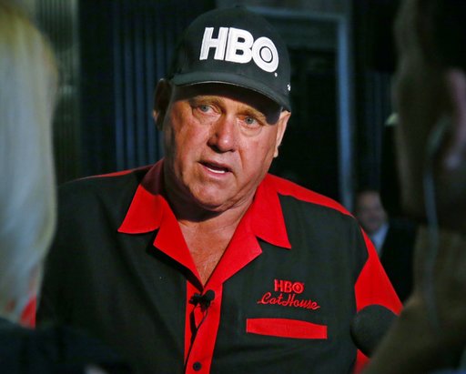 (AP Photo/Sue Ogrocki, File). FILE - In this June 13, 2016, file photo, Dennis Hof, owner of the Moonlite BunnyRanch, a legal brothel near Carson City, Nevada, is pictured during an interview in Oklahoma City. County officials in Nevada have yanked a b... (AP Photo/Sue Ogrocki, File). FILE - In this June 13, 2016, file photo, Dennis Hof, owner of the Moonlite BunnyRanch, a legal brothel near Carson City, Nevada, is pictured during an interview in Oklahoma City. County officials in Nevada have yanked a b...