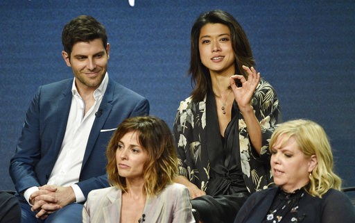 (Photo by Chris Pizzello/Invision/AP). Grace Park, top right, answers a question as fellow cast members in the Disney ABC television series "A Million Little Things," David Giuntoli, top left, and Stephanie Szostak, bottom left, and executive producer ... (Photo by Chris Pizzello/Invision/AP). Grace Park, top right, answers a question as fellow cast members in the Disney ABC television series "A Million Little Things," David Giuntoli, top left, and Stephanie Szostak, bottom left, and executive producer ...