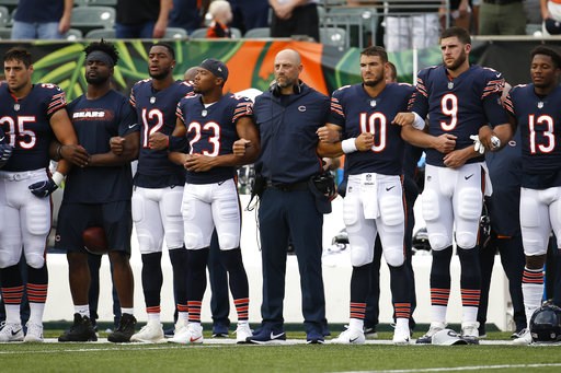 (AP Photo/Frank Victores). The Chicago Bears lock arms during the national anthem before the team's NFL preseason football game against the Cincinnati Bengals, Thursday, Aug. 9, 2018, in Cincinnati. (AP Photo/Frank Victores). The Chicago Bears lock arms during the national anthem before the team's NFL preseason football game against the Cincinnati Bengals, Thursday, Aug. 9, 2018, in Cincinnati.
