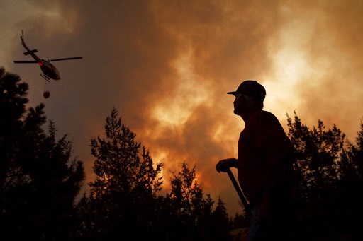 (AP Photo/John Locher). Hummer Estes watches a helicopter battling the Hat Fire, Thursday, Aug. 9, 2018, in Fall River Mills, Calif. (AP Photo/John Locher). Hummer Estes watches a helicopter battling the Hat Fire, Thursday, Aug. 9, 2018, in Fall River Mills, Calif.