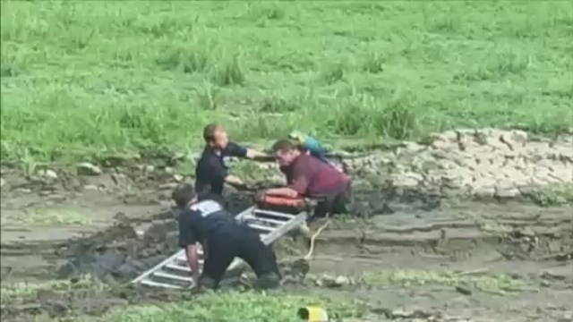 Man rescued from mud with parrot perched on his shoulders