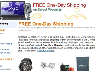 Amazon begins offering free 1-day shipping through Dec. 21