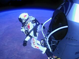 Austrian extreme skydiver Felix Baumgartner 24.2 miles above the Earth. (©Red Bull Media House) Austrian extreme skydiver Felix Baumgartner 24.2 miles above the Earth. (©Red Bull Media House)