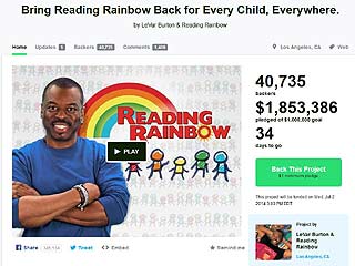 A screenshot of the Reading Rainbow Kickstarter page on May 29, 2014. A screenshot of the Reading Rainbow Kickstarter page on May 29, 2014.