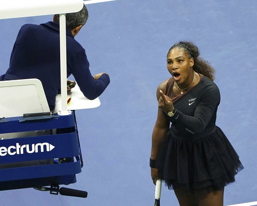 (Photo by Greg Allen/Invision/AP, File). FILE - In this Saturday, Sept. 8, 2018, file photo, Serena Williams argues with the chair umpire during a match against Naomi Osaka, of Japan, during the women's finals of the U.S. Open tennis tournament at the ... (Photo by Greg Allen/Invision/AP, File). FILE - In this Saturday, Sept. 8, 2018, file photo, Serena Williams argues with the chair umpire during a match against Naomi Osaka, of Japan, during the women's finals of the U.S. Open tennis tournament at the ...
