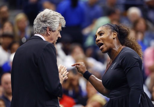 (AP Photo/Adam Hunger, File). FILE - In this Saturday, Sept. 8, 2018, file photo, Serena Williams, right, talks with referee Brian Earley during the women's final of the U.S. Open tennis tournament against Naomi Osaka, of Japan, in New York. Some black... (AP Photo/Adam Hunger, File). FILE - In this Saturday, Sept. 8, 2018, file photo, Serena Williams, right, talks with referee Brian Earley during the women's final of the U.S. Open tennis tournament against Naomi Osaka, of Japan, in New York. Some black...