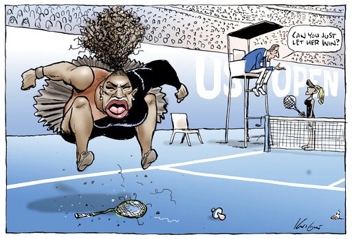 (Mark Knight/Heral Sun-News Corp. via AP). This Mark Knight's cartoon published by the Herald Sun depicts Serena Williams as an irate, hulking, big-mouthed black woman jumping up and down on a broken racket. The umpire was shown telling a blond, slende... (Mark Knight/Heral Sun-News Corp. via AP). This Mark Knight's cartoon published by the Herald Sun depicts Serena Williams as an irate, hulking, big-mouthed black woman jumping up and down on a broken racket. The umpire was shown telling a blond, slende...