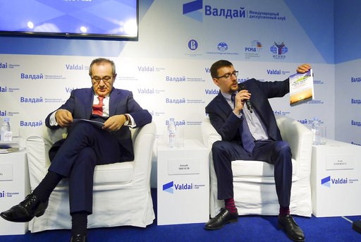 (valdaiclub.com via AP). In this handout photo taken on April 19, 2016, released by Valdai Club foundation, shows Ivan Timofeev, right, and Joseph Mifsud, attend the Valdai Discussion Club Conference following the results of the closed-door Iran-Russia... (valdaiclub.com via AP). In this handout photo taken on April 19, 2016, released by Valdai Club foundation, shows Ivan Timofeev, right, and Joseph Mifsud, attend the Valdai Discussion Club Conference following the results of the closed-door Iran-Russia...