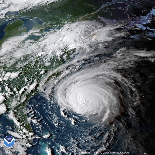 (NOAA via AP). This enhanced satellite image made available by NOAA shows Hurricane Florence off the eastern coast of the United States on Wednesday, Sept. 12, 2018 at 5:52 p.m. EDT. (NOAA via AP). This enhanced satellite image made available by NOAA shows Hurricane Florence off the eastern coast of the United States on Wednesday, Sept. 12, 2018 at 5:52 p.m. EDT.