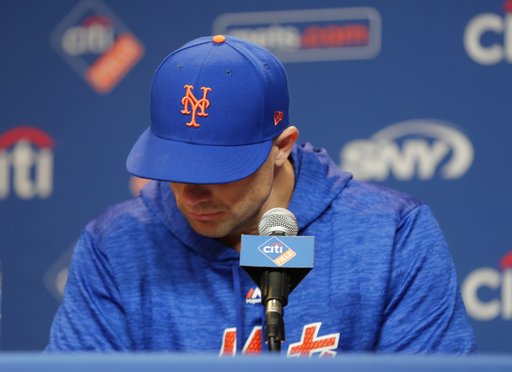 (AP Photo/Frank Franklin II). New York Mets third baseman David Wright pauses while speaking during a news conference before a baseball game against the Miami Marlins, Thursday, Sept. 13, 2018, in New York. (AP Photo/Frank Franklin II). New York Mets third baseman David Wright pauses while speaking during a news conference before a baseball game against the Miami Marlins, Thursday, Sept. 13, 2018, in New York.