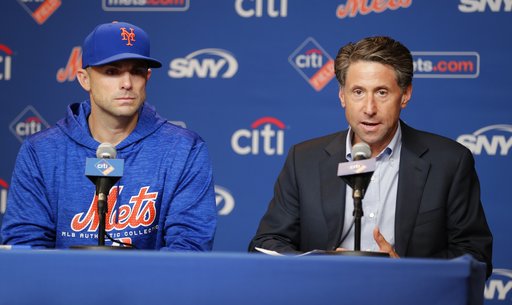 (AP Photo/Frank Franklin II). New York Mets owner Jeff Wilpon, right, speaks as third baseman David Wright listens during a news conference before a baseball game against the Miami Marlins Thursday, Sept. 13, 2018, in New York. (AP Photo/Frank Franklin II). New York Mets owner Jeff Wilpon, right, speaks as third baseman David Wright listens during a news conference before a baseball game against the Miami Marlins Thursday, Sept. 13, 2018, in New York.