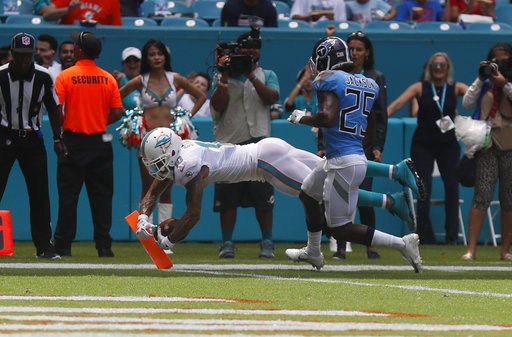 (AP Photo/Brynn Anderson). Miami Dolphins wide receiver Kenny Stills (10) scores a touchdown ahead of Tennessee Titans cornerback Adoree' Jackson (25), during the first half of an NFL football game, Sunday, Sept. 9, 2018, in Miami Gardens, Fla. (AP Photo/Brynn Anderson). Miami Dolphins wide receiver Kenny Stills (10) scores a touchdown ahead of Tennessee Titans cornerback Adoree' Jackson (25), during the first half of an NFL football game, Sunday, Sept. 9, 2018, in Miami Gardens, Fla.