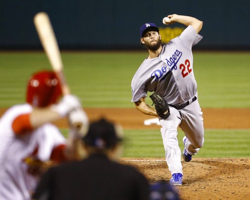 (AP Photo/Billy Hurst). Los Angeles Dodgers starting pitcher Clayton Kershaw throws during the fourth inning of a baseball game against the St. Louis Cardinals, Thursday, Sept. 13, 2018, in St. Louis. (AP Photo/Billy Hurst). Los Angeles Dodgers starting pitcher Clayton Kershaw throws during the fourth inning of a baseball game against the St. Louis Cardinals, Thursday, Sept. 13, 2018, in St. Louis.