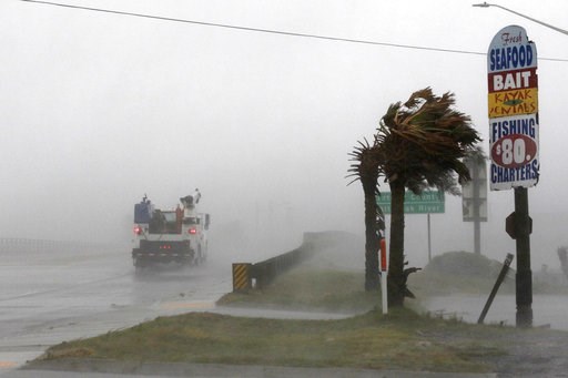 (AP Photo/Tom Copeland). A work truck drives on Hwy 24 as the wind from Hurricane Florence blows palm trees in Swansboro N.C., Thursday, Sept. 13, 2018. (AP Photo/Tom Copeland). A work truck drives on Hwy 24 as the wind from Hurricane Florence blows palm trees in Swansboro N.C., Thursday, Sept. 13, 2018.