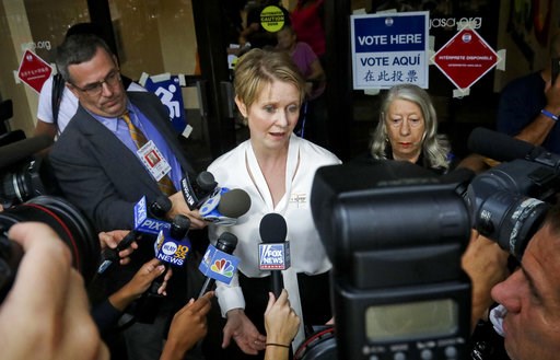 (AP Photo/Bebeto Matthews). New York gubernatorial candidate Cynthia Nixon, center, speaks to members of the media outside a polling station after voting in the primary, Thursday, Sept. 13, 2018, in New York. Democrats across New York state are picking... (AP Photo/Bebeto Matthews). New York gubernatorial candidate Cynthia Nixon, center, speaks to members of the media outside a polling station after voting in the primary, Thursday, Sept. 13, 2018, in New York. Democrats across New York state are picking...