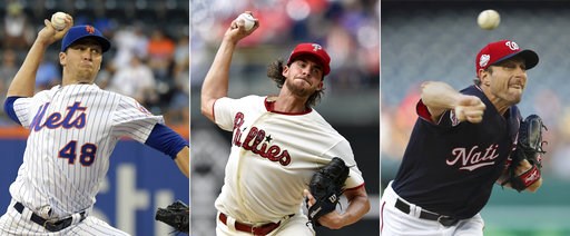 (AP Photo/File). FILE - From left are 2018 file photos showing New York Mets pitcher Jacob deGrom, Philadelphia Phillies pitcher Aaron Nola and Washington Nationals pitcher Max Scherzer. Jacob deGrom, Max Scherzer and Aaron Nola are going pitch for pi... (AP Photo/File). FILE - From left are 2018 file photos showing New York Mets pitcher Jacob deGrom, Philadelphia Phillies pitcher Aaron Nola and Washington Nationals pitcher Max Scherzer. Jacob deGrom, Max Scherzer and Aaron Nola are going pitch for pi...