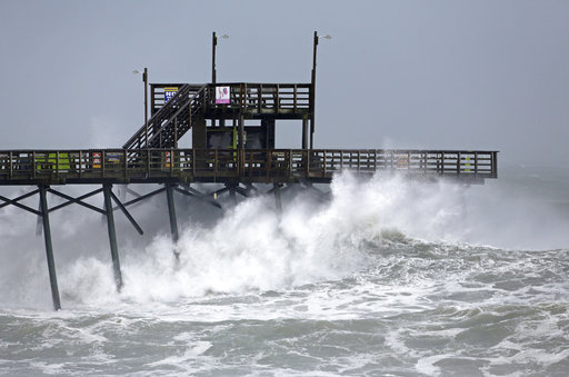 (AP Photo/Tom Copeland). Waves from Hurricane Florence pound the Bogue Inlet Pier in Emerald Isle N.C., Thursday, Sept. 13, 2018. (AP Photo/Tom Copeland). Waves from Hurricane Florence pound the Bogue Inlet Pier in Emerald Isle N.C., Thursday, Sept. 13, 2018.