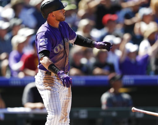 (AP Photo/David Zalubowski). Colorado Rockies' Trevor Story follows the flight of his two-home run off Arizona Diamondbacks starting pitcher Matt Koch in the third inning of a baseball game Thursday, Sept. 13, 2018, in Denver. (AP Photo/David Zalubowski). Colorado Rockies' Trevor Story follows the flight of his two-home run off Arizona Diamondbacks starting pitcher Matt Koch in the third inning of a baseball game Thursday, Sept. 13, 2018, in Denver.