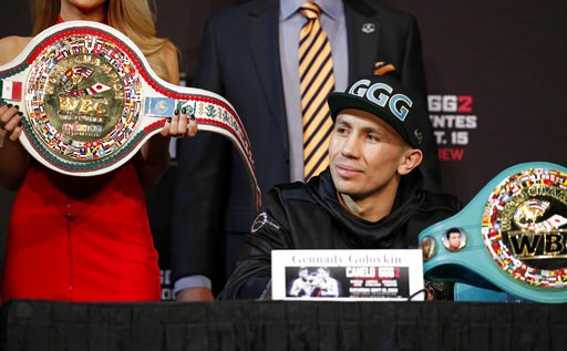 (AP Photo/John Locher). Gennady Golovkin listens during a news conference Wednesday, Sept. 12, 2018, in Las Vegas. Golovkin is scheduled to fight Canelo Alvarez in a title bout Saturday in Las Vegas. (AP Photo/John Locher). Gennady Golovkin listens during a news conference Wednesday, Sept. 12, 2018, in Las Vegas. Golovkin is scheduled to fight Canelo Alvarez in a title bout Saturday in Las Vegas.
