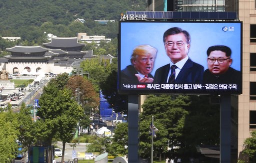 (AP Photo/Ahn Young-joon, File). FILE - In this Sept. 5, 2018, file photo, a TV screen shows images of North Korean leader Kim Jong Un, right, South Korean President Moon Jae-in, center, and U.S. President Donald Trump to advertise upcoming Seoul Defen... (AP Photo/Ahn Young-joon, File). FILE - In this Sept. 5, 2018, file photo, a TV screen shows images of North Korean leader Kim Jong Un, right, South Korean President Moon Jae-in, center, and U.S. President Donald Trump to advertise upcoming Seoul Defen...