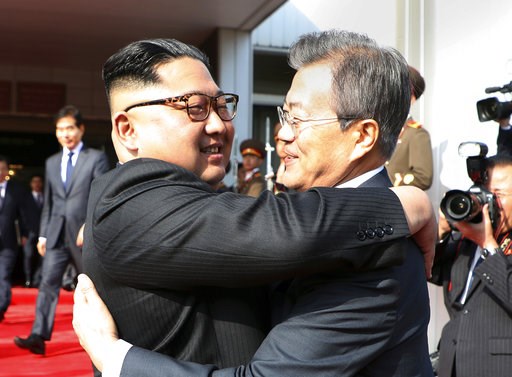 (South Korea Presidential Blue House/Yonhap via AP, File). FILE - In this May 26, 2018, file photo, provided by South Korea Presidential Blue House via Yonhap News Agency, North Korean leader Kim Jong Un, left, and South Korean President Moon Jae-in em... (South Korea Presidential Blue House/Yonhap via AP, File). FILE - In this May 26, 2018, file photo, provided by South Korea Presidential Blue House via Yonhap News Agency, North Korean leader Kim Jong Un, left, and South Korean President Moon Jae-in em...