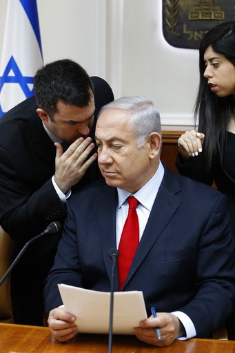 (Gali Tibbon/Pool via AP, File). FILE - In this July 23, 2018 file photo, Israeli Prime Minister Benjamin Netanyahu listens to his spokesman David Keyes as he opens the weekly cabinet meeting at his Jerusalem office. An opposition Israeli lawmaker is c... (Gali Tibbon/Pool via AP, File). FILE - In this July 23, 2018 file photo, Israeli Prime Minister Benjamin Netanyahu listens to his spokesman David Keyes as he opens the weekly cabinet meeting at his Jerusalem office. An opposition Israeli lawmaker is c...