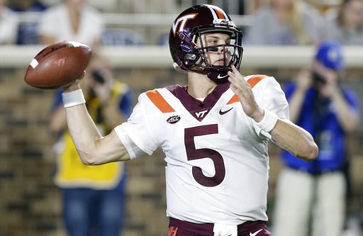 (AP Photo/Gerry Broome, File). FILE - In this Sept. 29, 2018, file photo, Virginia Tech quarterback Ryan Willis (5) passes during the first half of an NCAA college football game against Duke, in Durham, N.C. The Hokies have made a change behind center,... (AP Photo/Gerry Broome, File). FILE - In this Sept. 29, 2018, file photo, Virginia Tech quarterback Ryan Willis (5) passes during the first half of an NCAA college football game against Duke, in Durham, N.C. The Hokies have made a change behind center,...