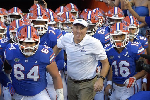 (AP Photo/Phelan M. Ebenhack, File). FILE - In this Sept. 1, 2018, file photo, Florida head coach Dan Mullen runs onto the field with his players before an NCAA college football game against Charleston Southern, in Gainesville, Fla. The Swamp is sold o... (AP Photo/Phelan M. Ebenhack, File). FILE - In this Sept. 1, 2018, file photo, Florida head coach Dan Mullen runs onto the field with his players before an NCAA college football game against Charleston Southern, in Gainesville, Fla. The Swamp is sold o...