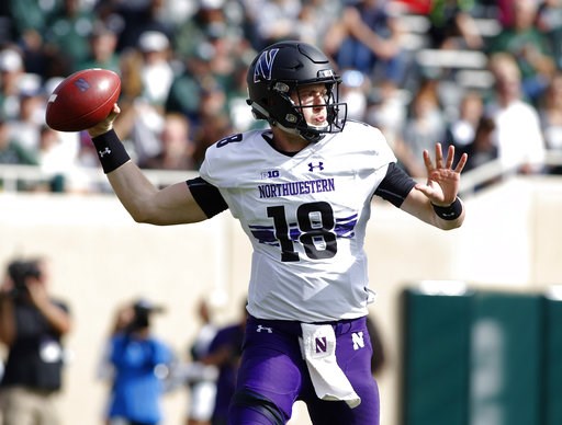 (AP Photo/Al Goldis). Northwestern quarterback Clayton Thorson throws a pass against Michigan State during the first quarter of an NCAA college football game, Saturday, Oct. 6, 2018, in East Lansing, Mich. (AP Photo/Al Goldis). Northwestern quarterback Clayton Thorson throws a pass against Michigan State during the first quarter of an NCAA college football game, Saturday, Oct. 6, 2018, in East Lansing, Mich.