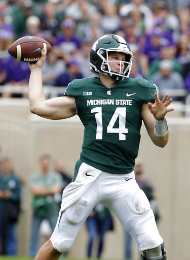 (AP Photo/Al Goldis). Michigan State quarterback Brian Lewerke throws a pass against Northwestern during the second quarter of an NCAA college football game, Saturday, Oct. 6, 2018, in East Lansing, Mich. (AP Photo/Al Goldis). Michigan State quarterback Brian Lewerke throws a pass against Northwestern during the second quarter of an NCAA college football game, Saturday, Oct. 6, 2018, in East Lansing, Mich.